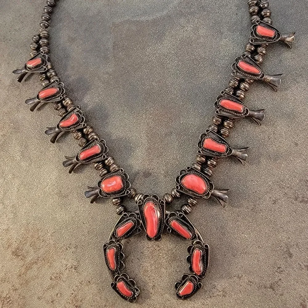 Vintage Navajo 1960's Red Coral Squash Blossom Necklace - Picture 1 of 11